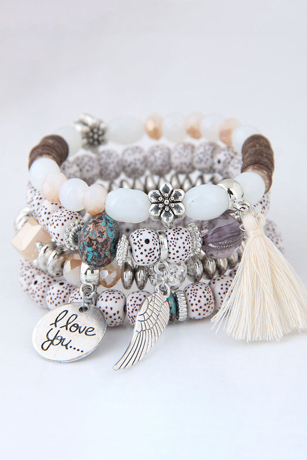 White Wing and Tassel Layered Bracelet