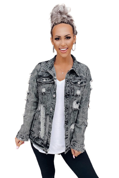 Gray Distressed Buttons Washed Denim Jacket