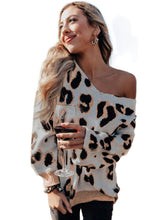 Load image into Gallery viewer, White V-neck Leopard Print Puff Sleeve Sweater
