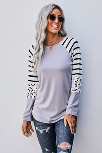 Gray Striped Leopard Long Sleeve Top