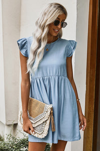 Flutter Sleeve Ruched Denim Casual Dress