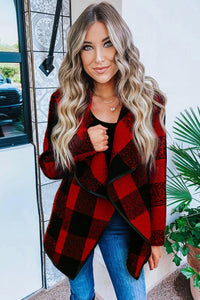 Red Plaid Asymmetric Collar Open Front Coat