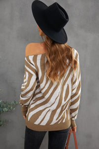 Khaki Zebra Print Mock Neck Cold Shoulder Sweater