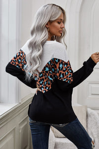 Black Colorblock Leopard Knit Top