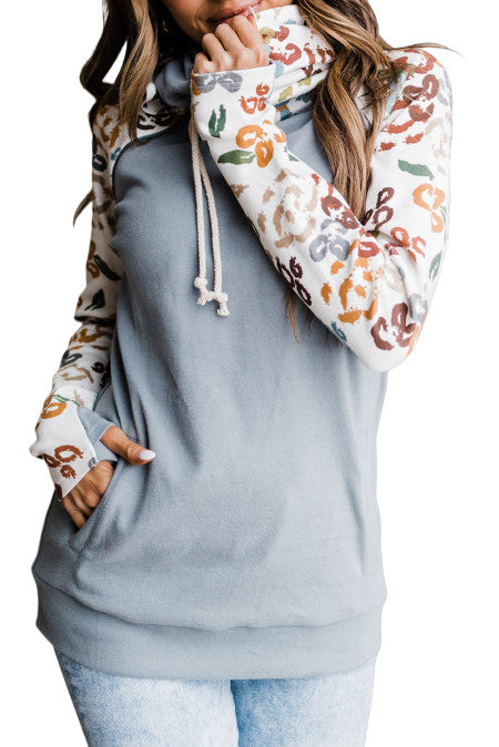 Gray Leopard Print Sleeve Patchwork Hoodie with Pocket