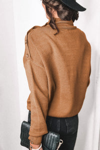 Khaki High Neck Button Shoulder Long Sleeve Sweater