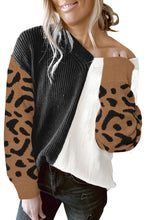 Load image into Gallery viewer, Leopard Print Contrast Color V Neck Sweater
