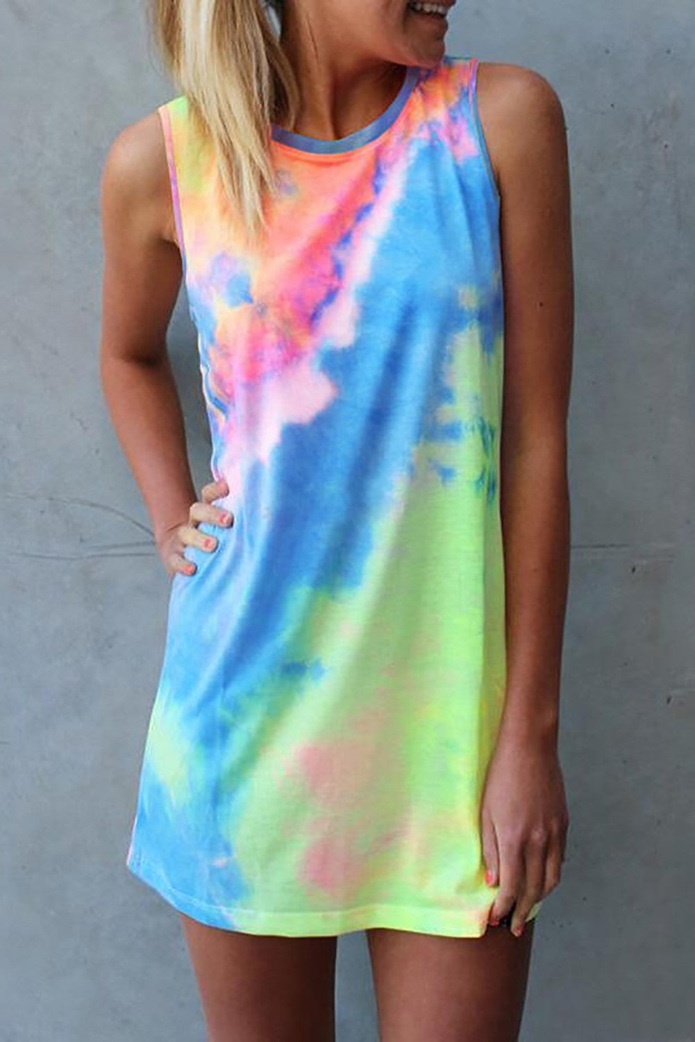 Tie Dye Hollow Out Sleeveless Mini Dress