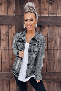 Gray Distressed Buttons Washed Denim Jacket