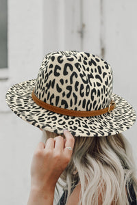 Gray Wide Brim Leopard Print Fedora Hat