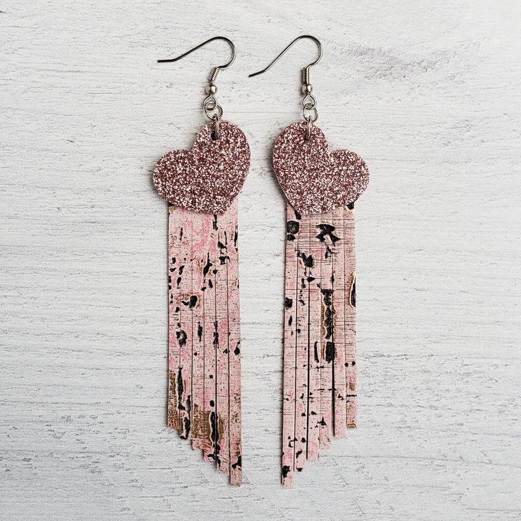 Pink Heart Fringe Leather Earrings