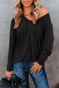 V Neck Long Sleeve Pocket Top // black