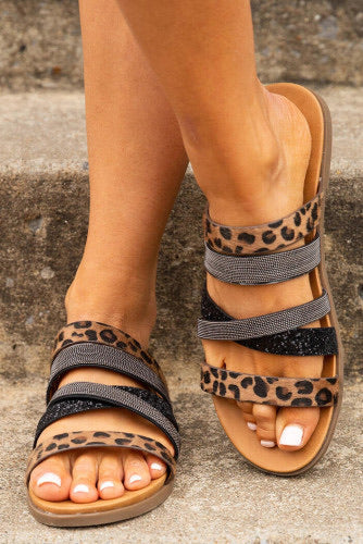 Leopard Print Black Glitter Strap Sandal