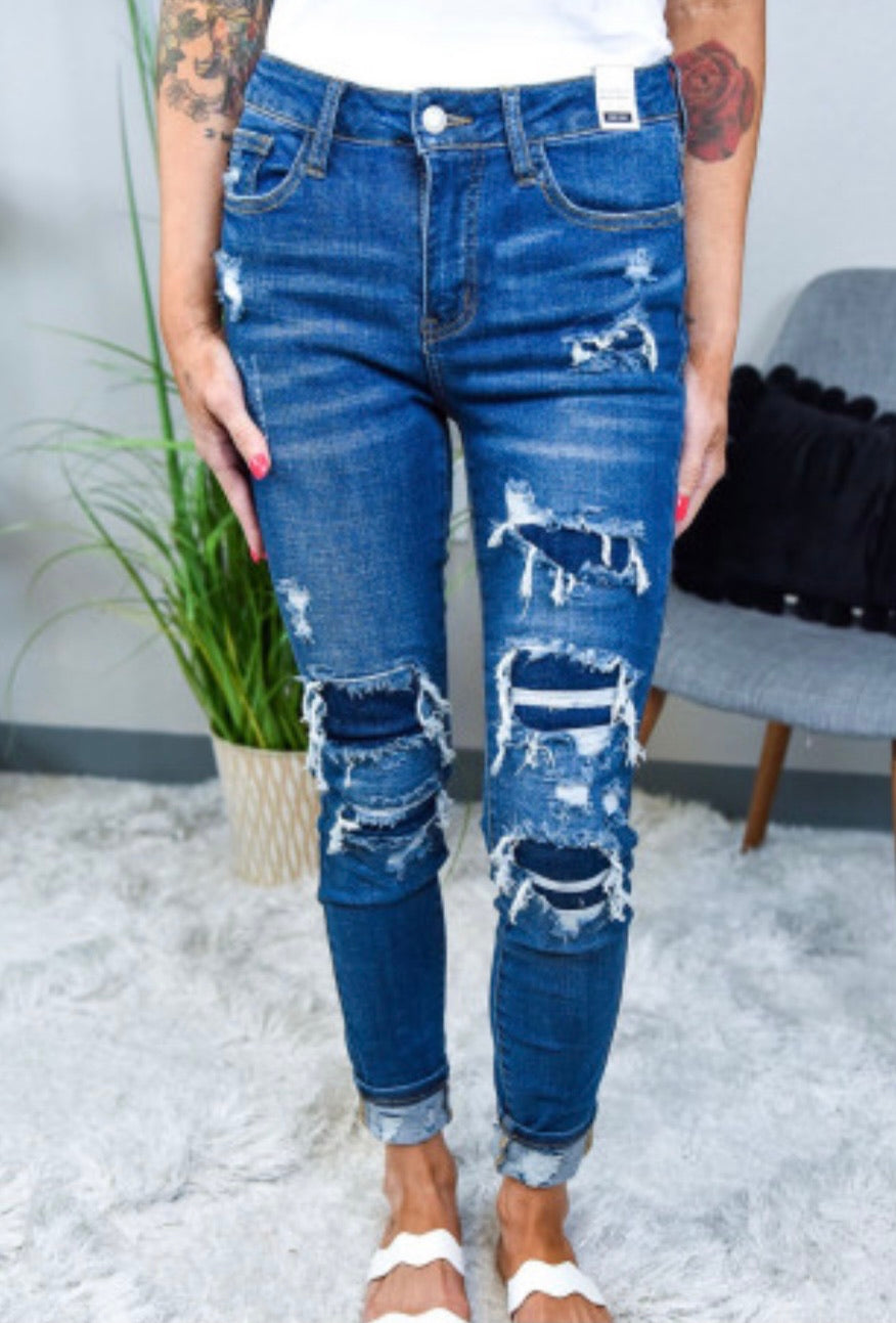 Blue Patched Distressed Skinny Jeans