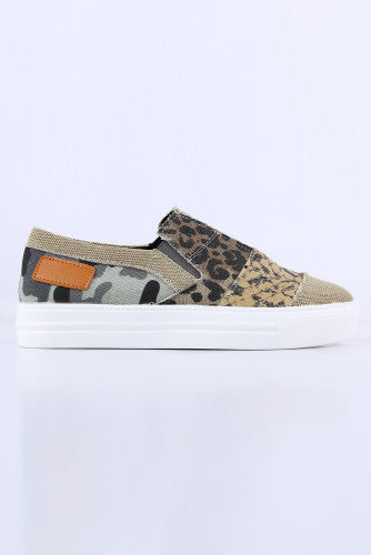 Khaki Snake Leopard Mixed Print Slip-on Canvas Shoes
