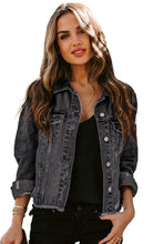 Load image into Gallery viewer, Black Lapel Distressed Raw Hem Buttons Denim Jacket
