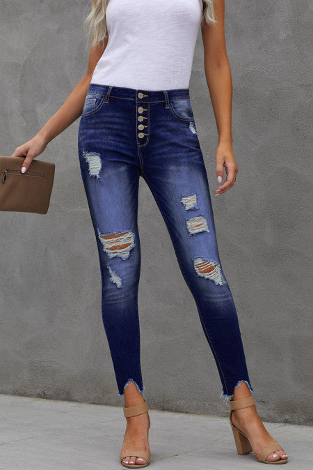 High Waist Button Front Frayed Ankle Jeans
