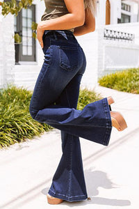 Blue High Rise Buttoned Flared Jeans