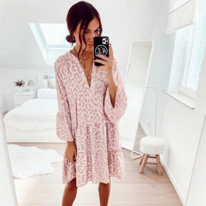 Blush + Leopard Lantern Sleeve Dress