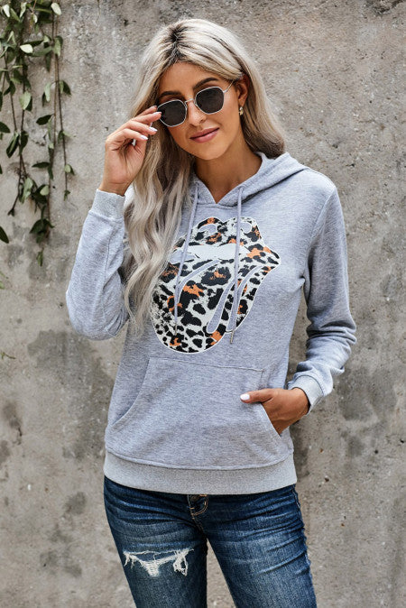 Leopard Lips Print Gray Hoodie