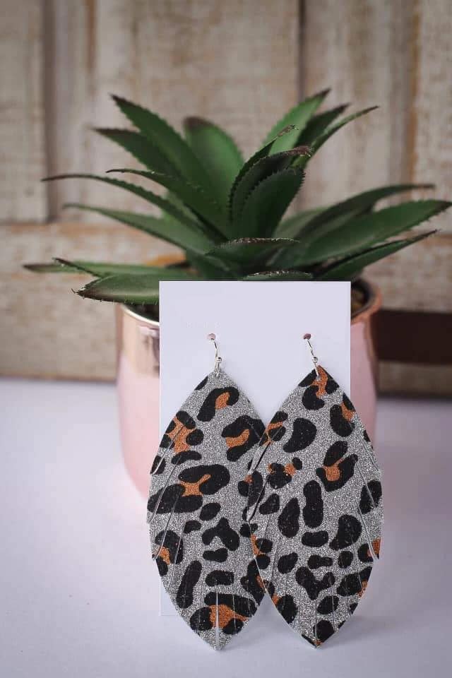 Silver Glitter Leopard Leather Earrings