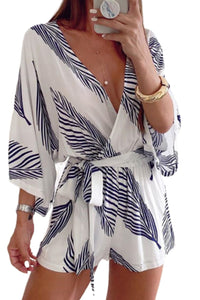 Dark Blue Leaf Print Surplice V-Neck Half Sleeve Romper with Waist Tie