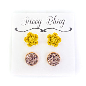 Rose Gold Druzy & Mustard Flower Stud