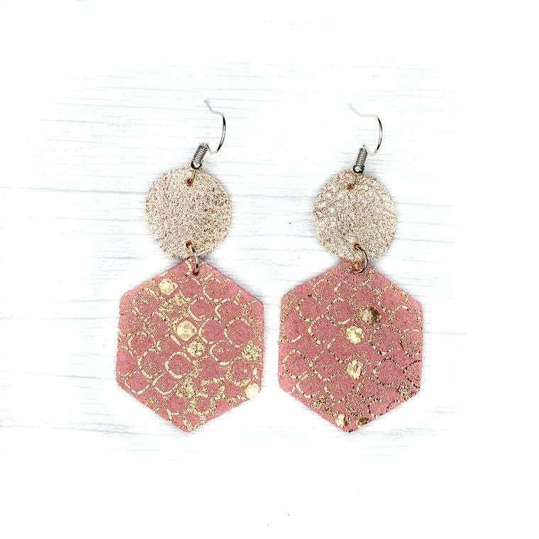 Rose Gold Honeycomb Leather Earrings