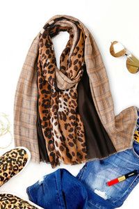 Khaki Leopard Plaid Print Scarf