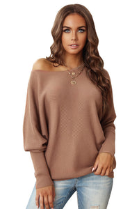 Khaki Slouchy One Shoulder Dolman Sleeves Ribbed Sweater