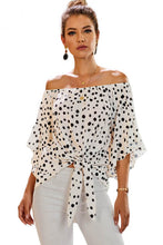 Load image into Gallery viewer, White Polka Dot 3/4 Bell Sleeve Off Shoulder Front Tie Knot Top
