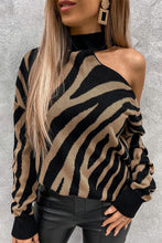 Load image into Gallery viewer, Black Zebra Print Mock Neck Cold Shoulder Sweater
