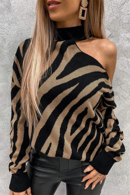 Black Zebra Print Mock Neck Cold Shoulder Sweater