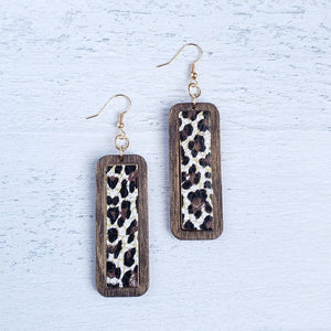 Wooden Bar - Chocolate Cheetah Leather Earrings
